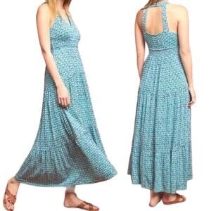 Maeve by Anthropologie SZ S Mabel Halter Maxi Dress Green Blue Tan Geo Print